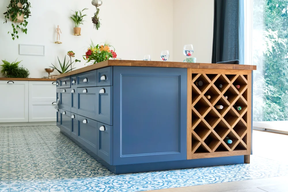 Blue Kitchen Island With Built-In Wine Storage