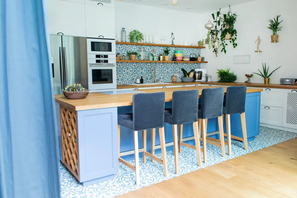 Blue Kitchen Island With Wooden Worktop & Wine Storage