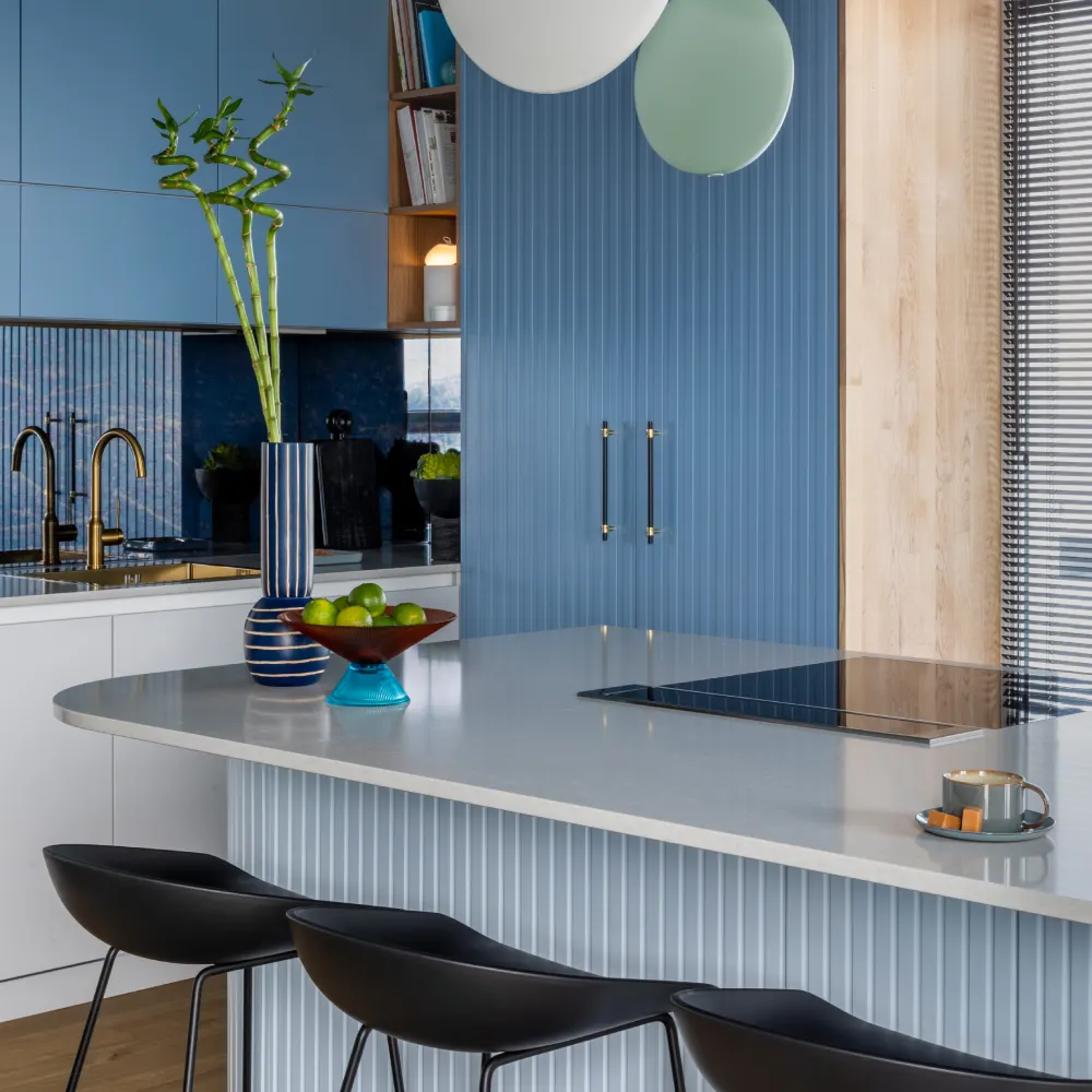 8. Modern Blue Kitchen Island With Fluted Details