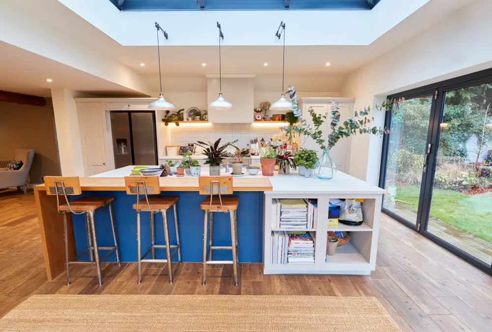 Open-Plan Blue Kitchen Island With Built-In Storage